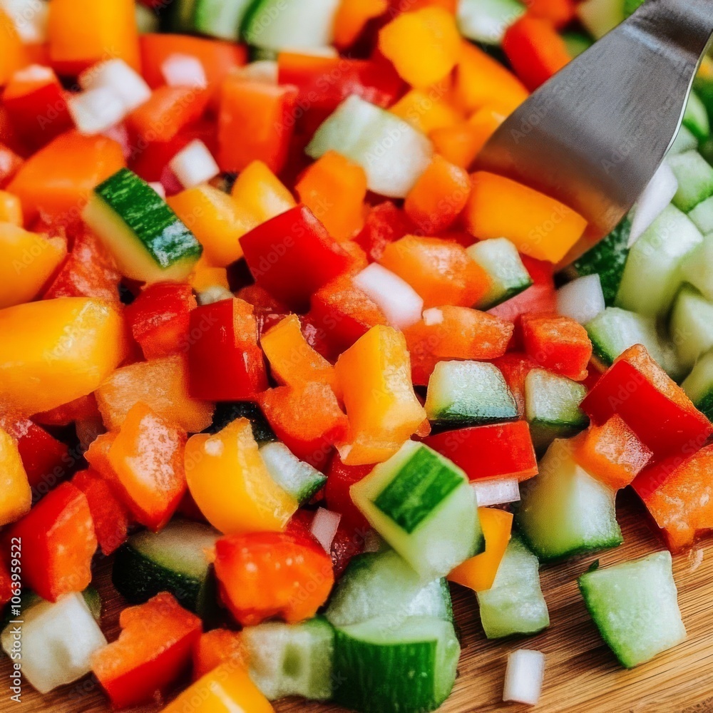 Sticker Close-up of chopped bell peppers, cucumber, and onion on a wooden cutting board.