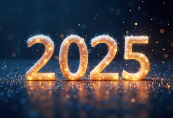 Celebrate Happy New Year 2025 with vibrant orange text against dark blue background. Diagonal composition of 20 and 25 creates dynamic effect. Festive atmosphere and elegance.