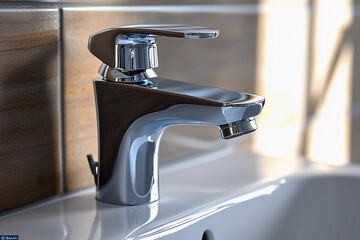 Modern chrome faucet at a clean bathroom sink in morning light