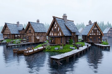 Obraz premium A dark, stormy sky with medieval houses by a river. A 3D illustration.