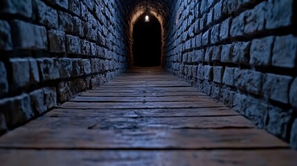 The stone walls, floor, and steps leading to the wooden door of a medieval castle or inn are rendered in 3D.