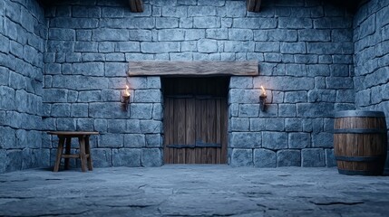 Fototapeta premium This 3D rendering shows a medieval tavern bar with a large fireplace burning and a cooking pot.