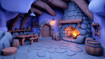 Obraz premium Dark moody medieval inn interior with food on tables, an open fireplace, candles, and daylight from a window. 3D model.