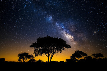 Fototapeta premium Starlit night sky over silhouette of trees in a tranquil landscape