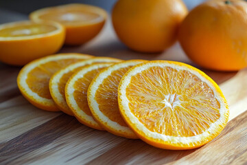 Freshly sliced oranges on a wooden cutting board with whole fruits
