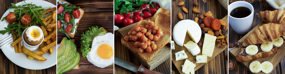 Collage of breakfasts on the wooden background. Close-up.
