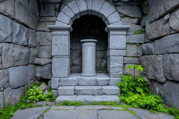 A fantasy medieval architectural interior featuring a large stone platform extending from the archway of a doorway. 3D illustration.