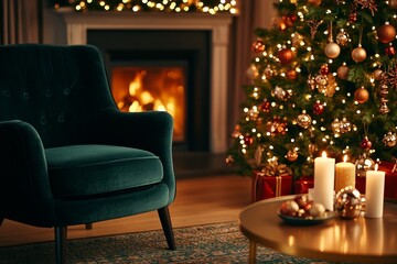 Cozy Christmas living room with boho decor, tree, candles, and warm fireplace ambiance