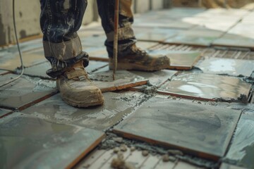 Craftsman precisely installing floor tiles at a construction site