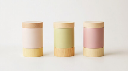 Modern food packaging in pastel colors with wooden lids, showcasing minimalist design. These containers are perfect for stylish storage solutions