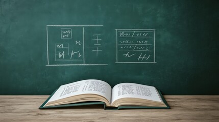 Classroom Setting with Open Book and Chalkboard Equations