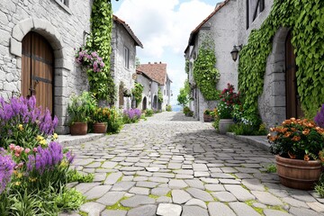 Naklejka premium The alley of a Tolkien-like village is beautifully illustrated in this matte painting.
