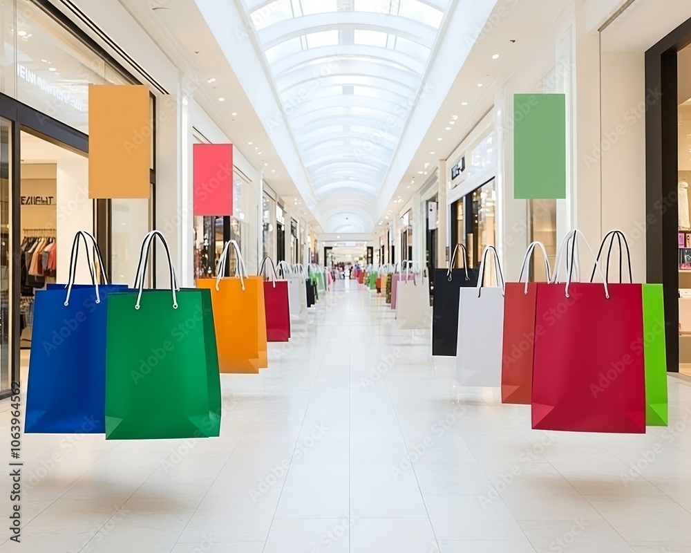 Poster Colorful shopping bags hanging in a bright mall hallway.