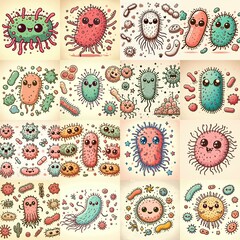 Cartoon bacteria. Vintage drawing style. AI generated illustration