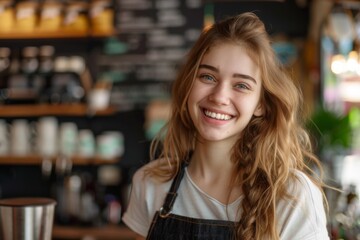 Portrait of a young smiling woman in a cafe