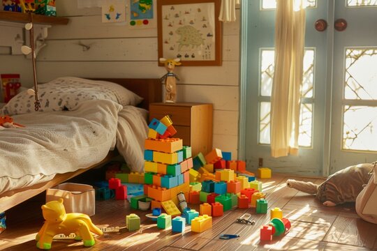 Scattered building block toys on a bedroom floor