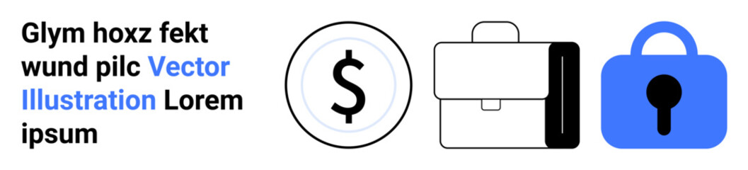 Currency symbol alongside a business briefcase and a blue lock icon, representing finance, business, and security. Ideal for financial services, business presentations, security solutions, corporate