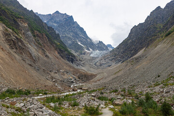 Chalaadi Glacier, Mestia, Svaneti, Georgia, beautiful glacier in the Caucasus mountains on a cloudy day