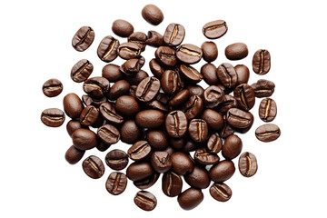 Naklejka premium Close-up of dark brown coffee beans in a pile. Beans scattered in random arrangement, some overlapping. isolated transparent background makes coffee beans focal point. Alpha mask.