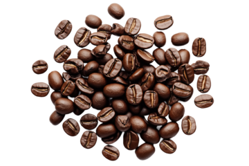 Close-up of dark brown coffee beans in a pile. Beans scattered in random arrangement, some overlapping. isolated transparent background makes coffee beans focal point. Alpha mask.