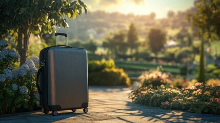 Soft-sided suitcase in a picturesque countryside inn with a blurred background of rolling hills and gardens, featuring soft lighting and a serene, relaxed atmosphere.