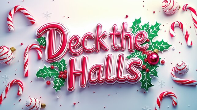 Christmas background with Deck the Halls fun whimsical playful text on festive decorated holiday backdrop
