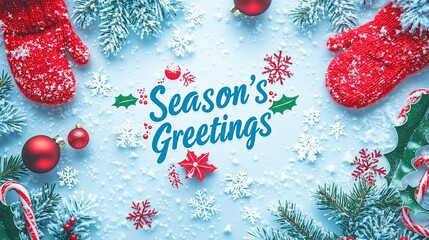 Christmas card background with Season's Greetings fun whimsical playful text on festive snowflake decorated holiday backdrop with red gloves mittens