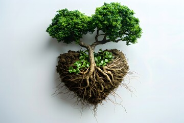 Tree shaped as a heart with roots exposed, symbolizing love for nature, environmental awareness, eco-friendly concept, greenery and natural elements, isolated on light background.