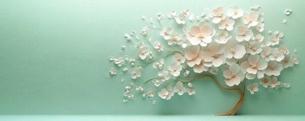 Elegant minimalist tree of life with pastel petals and gold accents