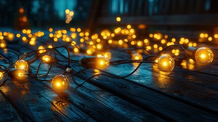 The image depicts glowing string lights scattered on a wet wooden surface, creating a warm and inviting atmosphere in a dimly lit environment.