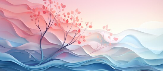 A serene landscape with flowing waves and stylized trees in soft pastel colors.