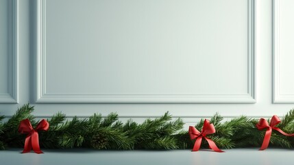 Fototapeta premium A festive green garland with red bows decorates a sleek, minimalist wall, creating a charming holiday ambiance.