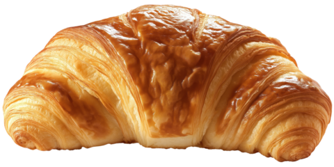 Golden brown croissant on gray surface. Freshly baked pastry with flaky texture, isolated on neutral background. Single croissant, bakery item, breakfast food, sweet treat. Transparent alpha mask.