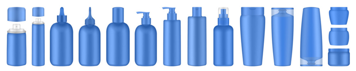 Blue hair treatment bottles with pump, dispenser. Korean packaging. Shampoo, balm, mask. Hair spray, container, mockup of aerosol. Squeeze bottles. Dropper, squeeze bottles