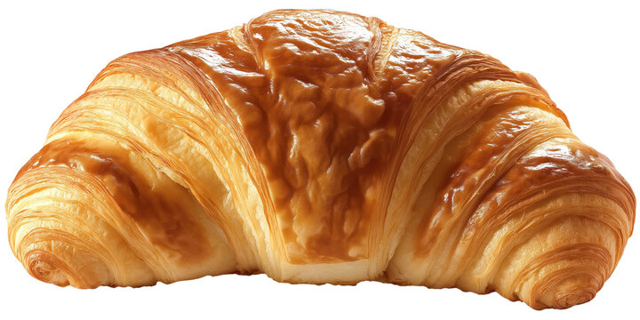 Golden brown croissant on gray surface. Freshly baked pastry with flaky texture, isolated on neutral background. Single croissant, bakery item, breakfast food, sweet treat. Transparent alpha mask.