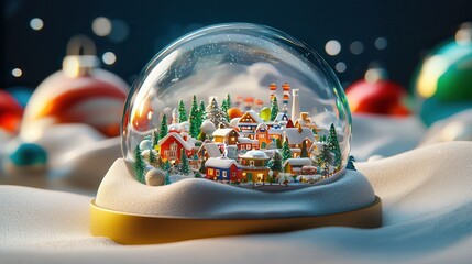 A whimsical snow globe featuring a miniature snowy village with colorful houses, trees, and festive decorations, set against a soft, snowy background.