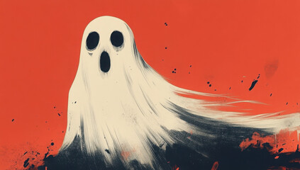 A whimsical, cartoon ghost with a surprised expression floats against a bold orange background, bringing a playful twist to the traditionally spooky figure.
