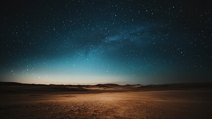 A breathtaking night sky filled with stars over a tranquil desert landscape during twilight.