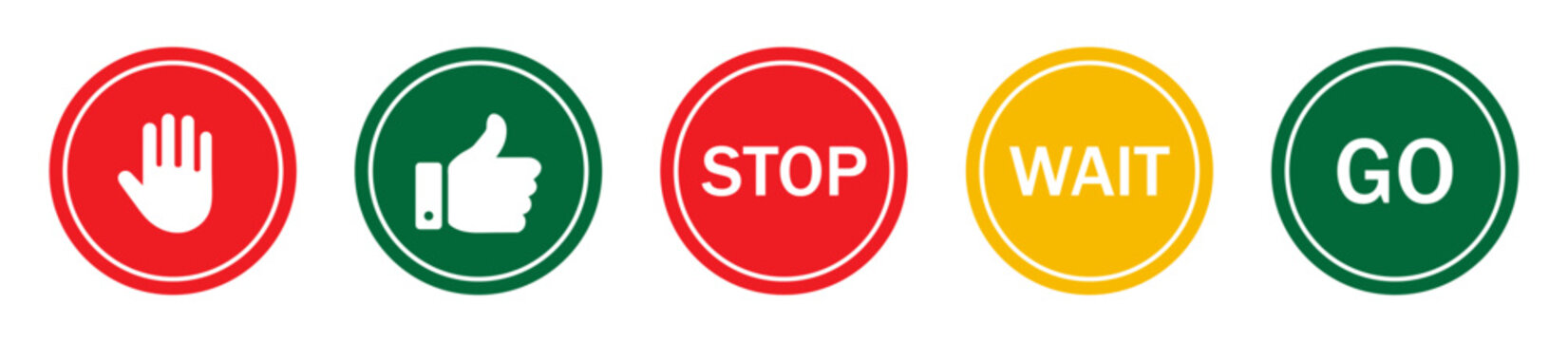 Stop, wait and go sign symbol set with red, yellow and green color. Collection traffic signs symbol. Sign stop, go and wait isolated set. Vector illustration.