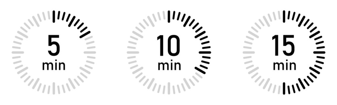 Timer 5, 10, 15 minute. Countdown minutes timer symbol black color. Timer, clock, stopwatch isolated vector icon.5, 10 or 15 min timer clock. Vector illustration.