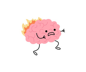 Brain with fire, burnout on stress, cute child character run. Intense brain activity from overwork, tension, multitasking. Vector illustration