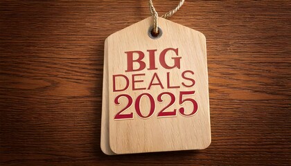 Big deals tag for 2025 on wooden background, promoting sales and discounts.  Sale promotion advertising for happy newyear, valentine
