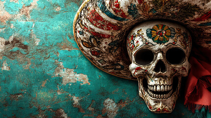 day of the dead skull and sombrero on rustic turquoise background