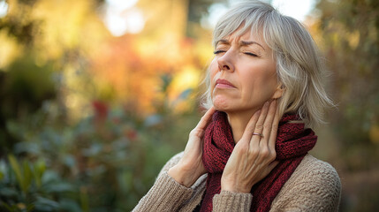 Naklejka premium Close-up of a mature woman experiencing neck pain, clutching her neck with a pained expression, set against an autumnal outdoor background.