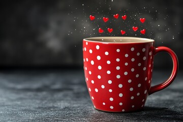 Red polka dot mug surrounded by floating hearts on a dark textured surface in a cozy setting