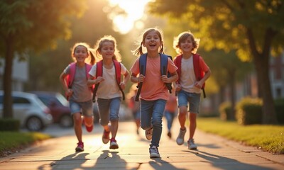 Obraz premium A lively group of children, all wearing colorful backpacks, is happily running down a sunny sidewalk, enjoying their day outdoors