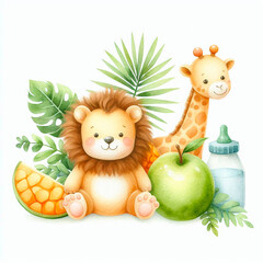 Adorable Watercolor Giraffe and Lion Illustration for Kids, Unisex, Soft Green and Yellow Tones, Perfect for Nursery D&eacute;cor