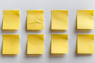 Eight yellow sticky notes arranged on a light background, clean and organized, productivity and planning concept, empty space for tasks or reminders, minimalistic office supplies setup