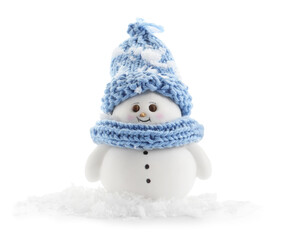 Cute decorative snowman and artificial snow isolated on white