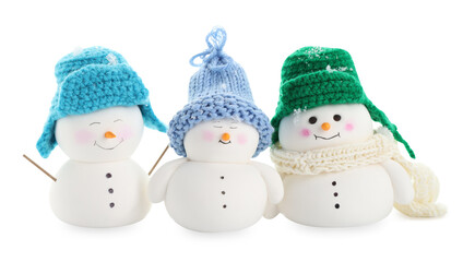 Many cute decorative snowmen isolated on white